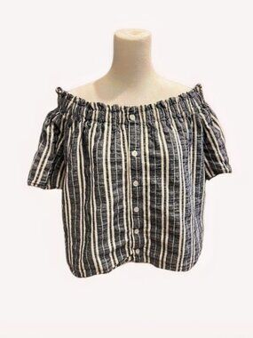 Gab & Kate Button-Front Off-Shoulder Striped Top in Navy and White